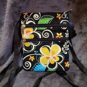 KC Hawaii Crossbody Purse Black & Yellow Floral with 2 Zipper Compartments